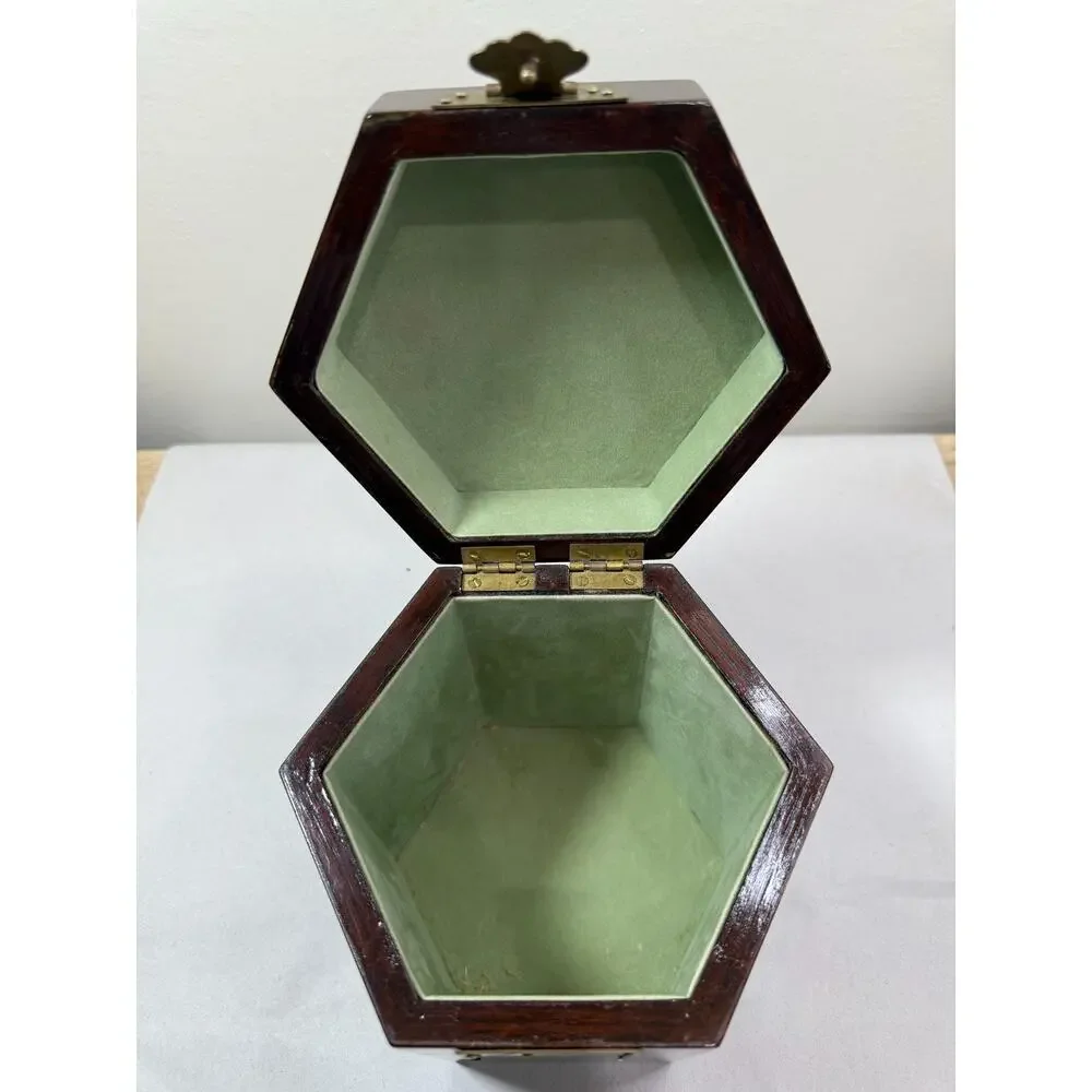 Vintage Chinese Hexagonal Lacquer Wood Boxes Set of 2, Brass Hardware, Green